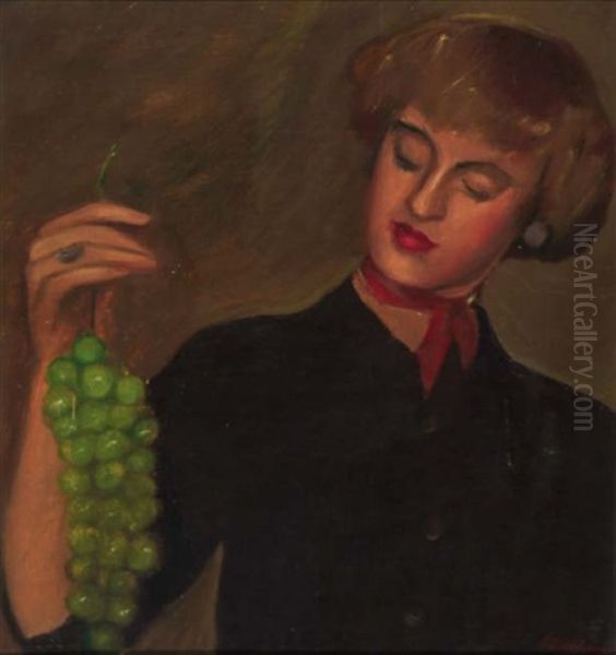 Woman With Grapes Oil Painting by Simeon Buchbinder