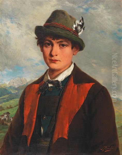 Portrait Of A Boy With The Dolomites In The Background Oil Painting by Josef Bueche