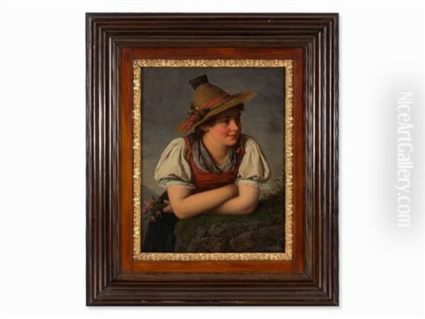 Girl With Straw Hat Oil Painting by Josef Bueche