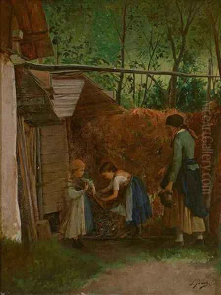 Kinder Stapeln Unter Der Aufsicht Der Mutter Reisig Oil Painting by Josef Bueche