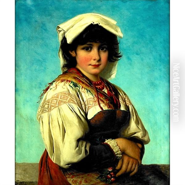 A Young Woman In Peasant Dress Oil Painting by Josef Bueche