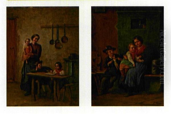 Kinder In Der Stube (+ Another; Pair) Oil Painting by Josef Bueche