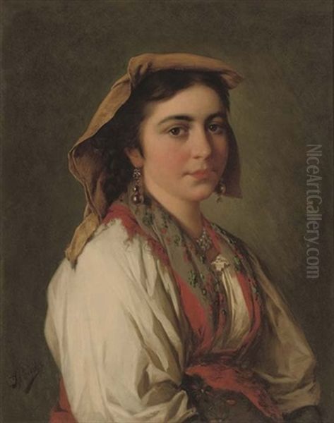 An Italian Peasant Girl Oil Painting by Josef Bueche