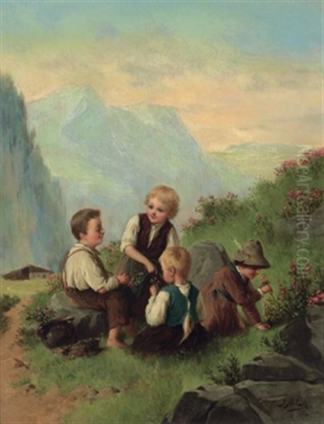 Kinder Beim Almrausch Pflucken by Josef Bueche