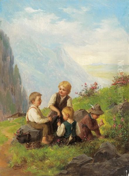 Kinder Beim Almrauschpflucken Oil Painting by Josef Bueche