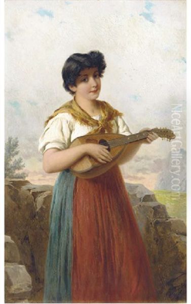 A Charming Mandolin Player Oil Painting by Josef Bueche