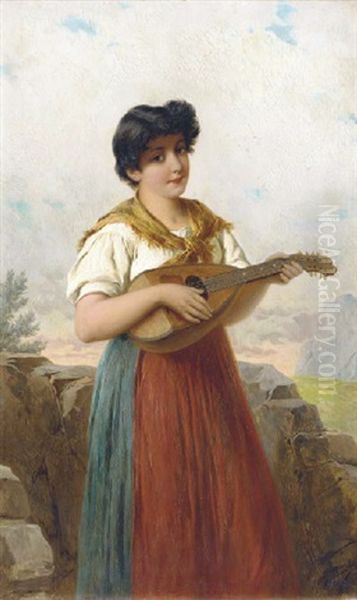 A Charming Mandolin Player Oil Painting by Josef Bueche