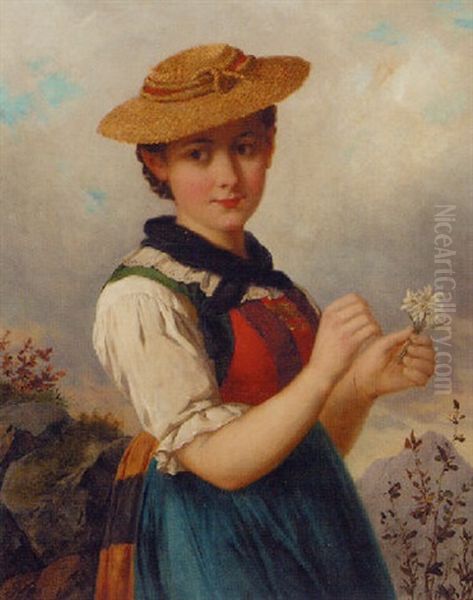 A Young Maiden In Traditional Austrian Dress Picking Edelweiss Oil Painting by Josef Bueche