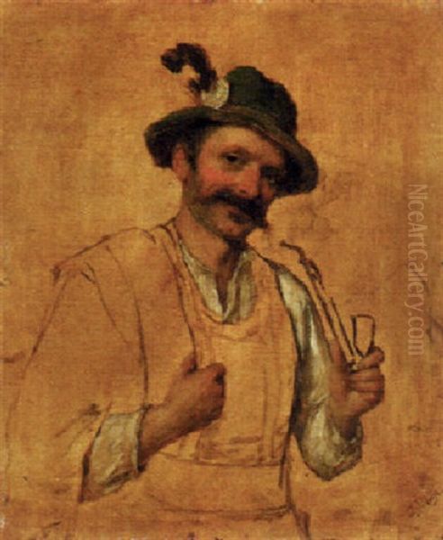 Tyrolean Man Smoking A Pipe Oil Painting by Josef Bueche