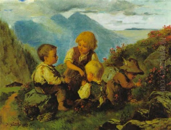 Kinder Beim Almrauschpflucken Oil Painting by Josef Bueche