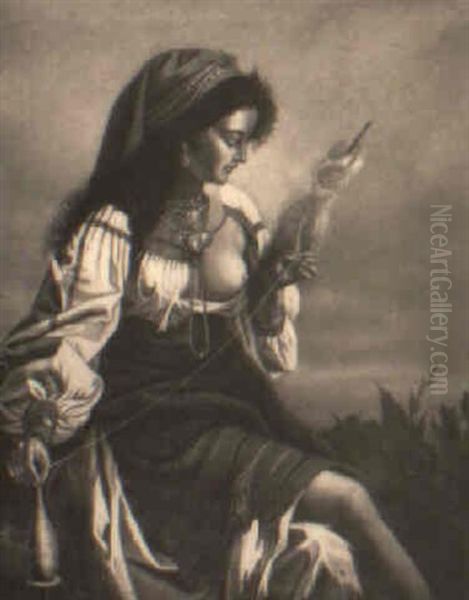 Gypsy Woman Spinning Oil Painting by Josef Bueche