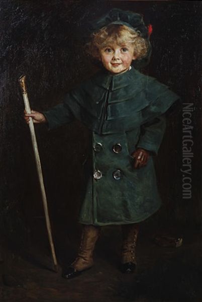 Portrait Of A Young Boy In Green Coat, Tam O'shanter And Spats, Holding A Cane And A Glove At His Feet Oil Painting by Charles A. Buchel