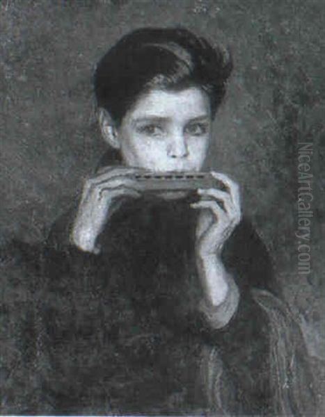 Portrait Of Philip Buchel With A Harmonica Oil Painting by Charles A. Buchel