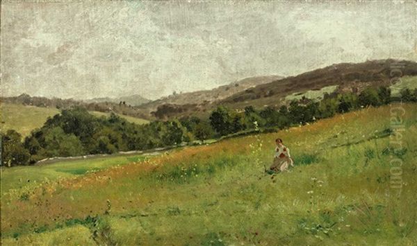 Blick Uber Eine Sanfte Hugellandschaft. Im Vordergrund Ein Junges Madchen Auf Einer Wiese Beim Blumenpflucken Oil Painting by Karl Buchholz