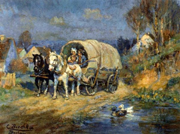 Zweispanniger Wagen Mit Trachtenpaar Zwischen Ententeich Und Hausern Oil Painting by Karl Buchka