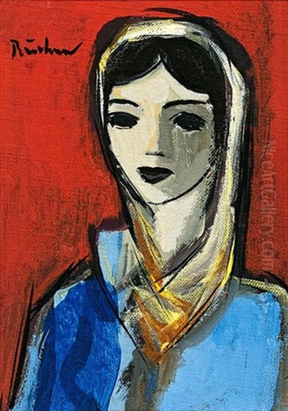 Woman With A White Headscarf Oil Painting by Carl Buchner