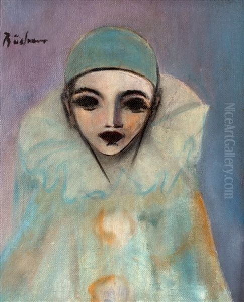 Harlequin In A Pale Blue Costume Oil Painting by Carl Buchner