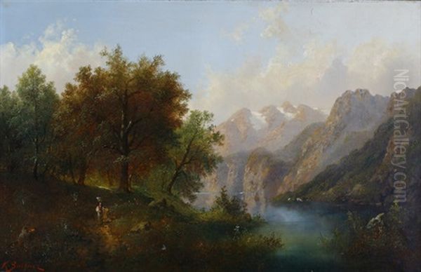 Waldweg Mit Personenstaffage An Einem Alpensee Oil Painting by Carl Buchner