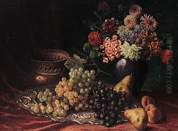 Obst- Und Blumenstilleben: Bunter Straus Mit Trauben, Pfirsichen Und Birnen Oil Painting by Hans Buchner