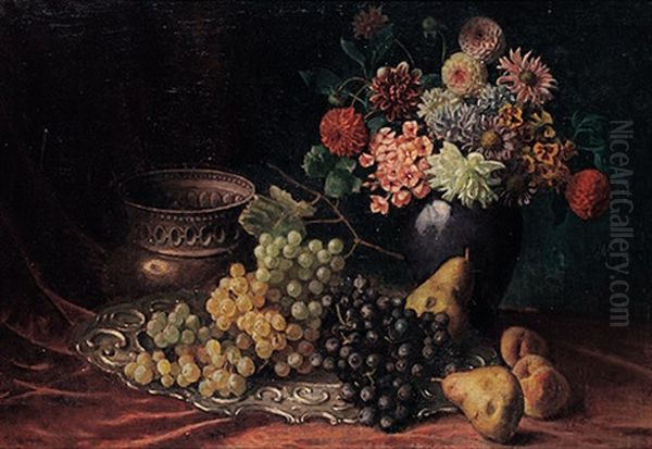 Obst- Und Blumenstilleben: Bunter Straus Mit Trauben, Pfirsichen Und Birnen Oil Painting by Hans Buchner