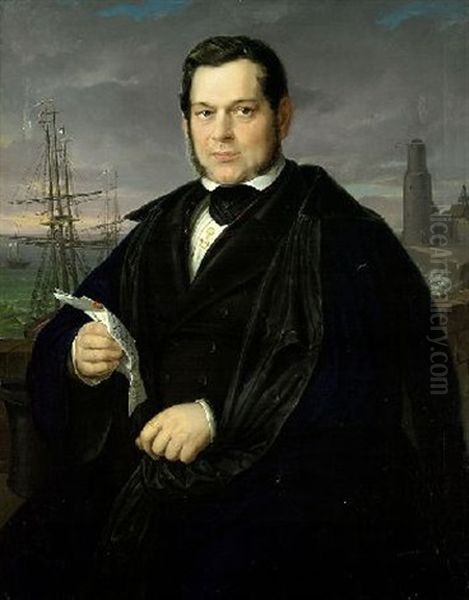 Portrat Gustav Lepper Vor Hafenkulisse Oil Painting by Johann Georg Buchner