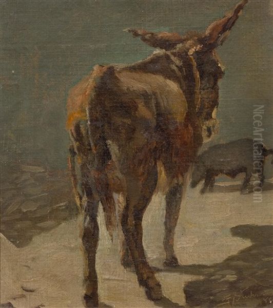 A Donkey Oil Painting by Frank Buchser