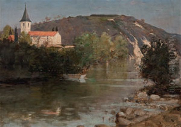 Flusslandschaft Mit Blick Auf Eine Kirche Oil Painting by Frank Buchser