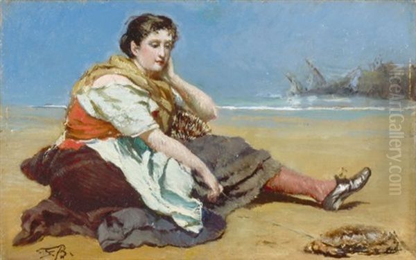 Fischermadchen Am Strand Sitzend (fisher Girl Sitting On The Beach) Oil Painting by Frank Buchser