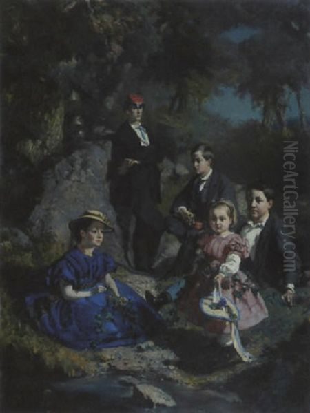 Familienbildnis Der Funf Geschwister Flury-buchser Oil Painting by Frank Buchser