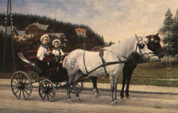 Young Boys In A Horsedrawn Carriage Oil Painting by Karl Buchta