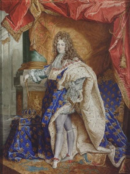 Louis Xiv Wearing Ceremonial Robes Of Royal Blue, White Doublet With Lace Cuffs, Stockings And Slippers; He Stands With The Instruments Of His Investiture... Oil Painting by Richard Buchta