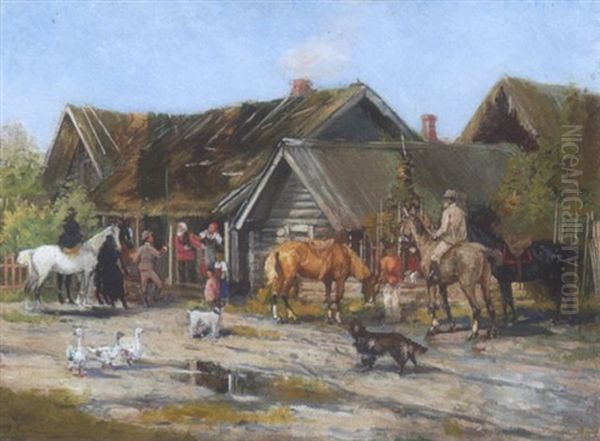 Rastende Reiter Vor Einem Russichen Bauernhaus Oil Painting by Robert Buchtger