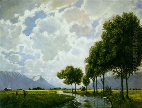 An Extensive River Landscape With Figures Haymaking In The Foreground And Snowcapped Mountains Beyond Oil Painting by Robert Buchtger