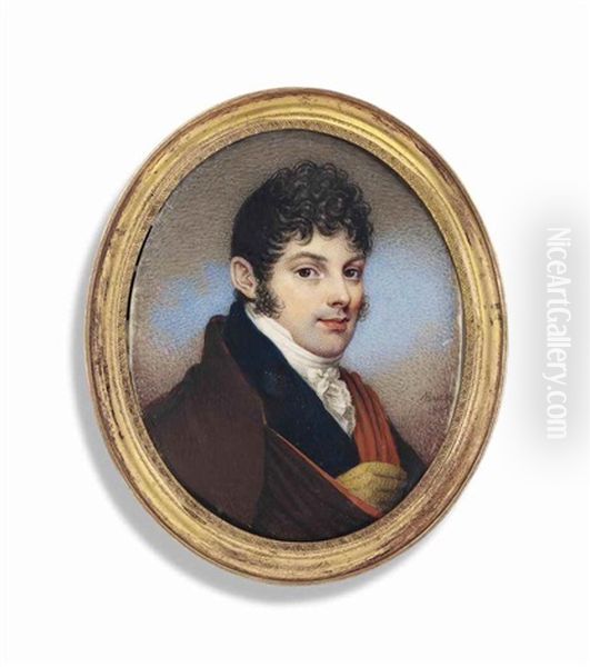 A Young Gentleman, In Blue Coat, Orange-lined Brown Cloak, Leather Glove Oil Painting by Adam Buck