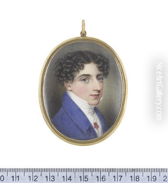 A Gentleman, Wearing Blue Coat, White Waistcoat, Chemise And Stock, A Tiny Posy Of Pink Flowers Pinned To His Chemise, His Brown Hair Parted And Tightly Curled Oil Painting by Adam Buck