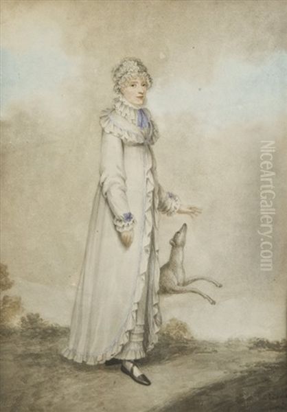 A Fashionable Lady With A Lurcher, Standing In A Landscape Oil Painting by Adam Buck