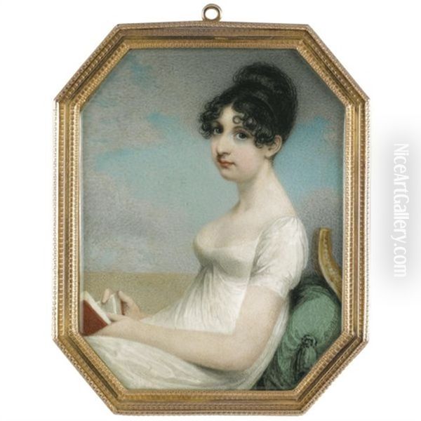 Portrait Of A Lady In A White Dress, Seated, Leaning Against A Green Cushion And Holding A Book Oil Painting by Adam Buck