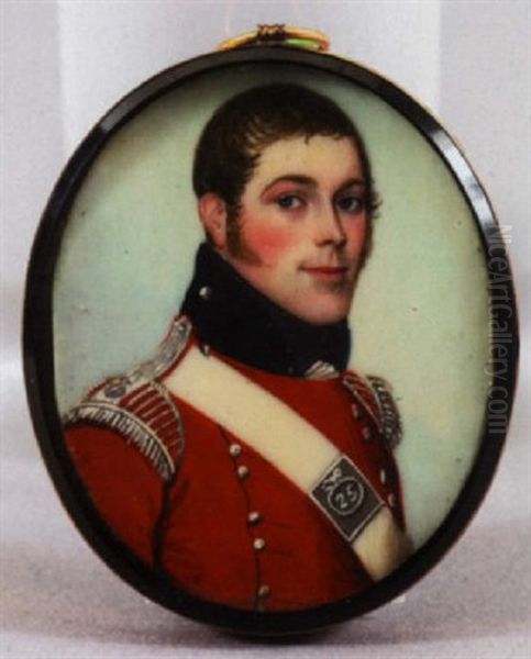 Portrait Of An Officer Of The Light Company 25th Foot, Depicted In A Crimson Jacket Oil Painting by Adam Buck