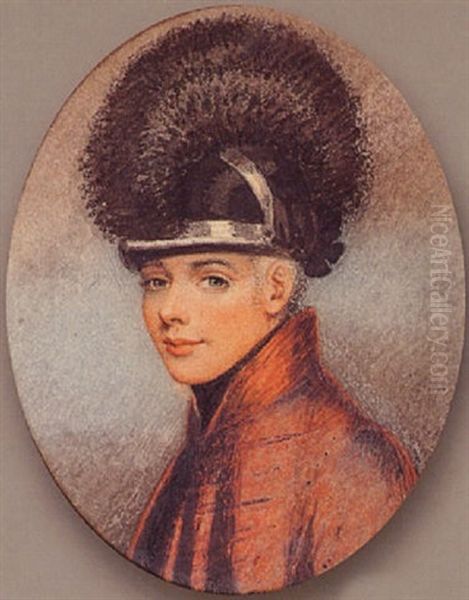 A Young Trooper Of Fencible Cavalry Or Yeomanry, Wearing Red Cloak, Black Stock And Tarleton Style Helmet Oil Painting by Adam Buck