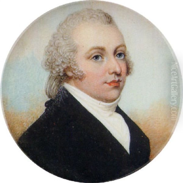 A Gentleman With Powdered Hair En Queue, Wearing Black Coat, White Waistcoat And Stock, Sky Background Oil Painting by Adam Buck