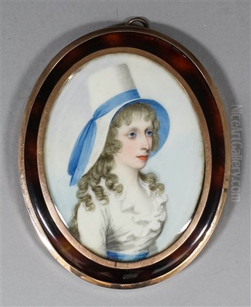 Miniature Shoulder-length Portrait Of A Young Woman Wearing A Fashionable Hat With A Blue Ribbon Oil Painting by Frederick Buck