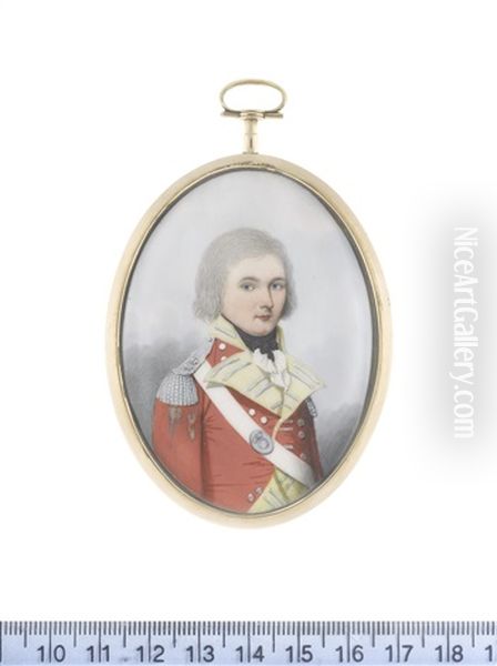 An Officer, Wearing Scarlet Coat With Pale Yellow Facings And Standing Collar, Silver Epaulettes, His White Cross-belt Bearing Oval Regimental Belt-plate Worn Over His Right Shoulder Oil Painting by Frederick Buck