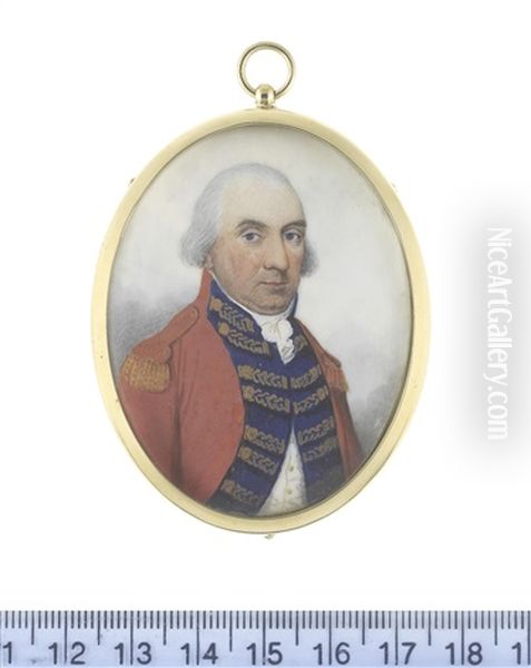 A Major General, Wearing Scarlet Coat, His Blue Facings Decorated With Gold Lace, Gold Epaulette, White Waistcoat, Stock And Frilled Chemise, His Hair Powdered Oil Painting by Frederick Buck