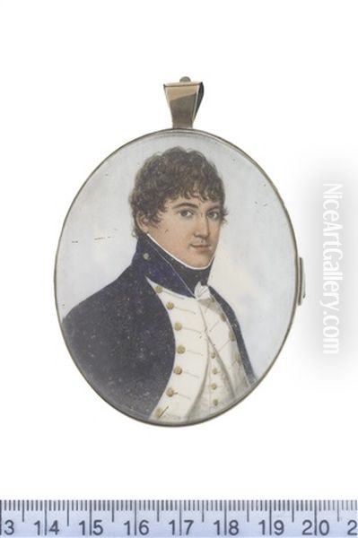 A Naval Officer, Wearing Dark Blue Coat With Standing Collar And White Facings, White Waistcoat, Frilled Chemise And Black Stock Oil Painting by Frederick Buck