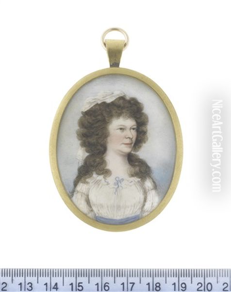 A Lady, Wearing White Dress And Blue Sash, Her Hair Worn A La Conseilleur And Dressed With A White Handkerchief Oil Painting by Frederick Buck