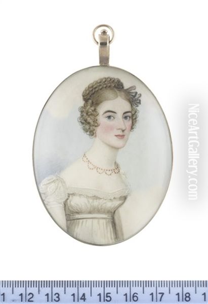 A Lady, Wearing White Dress With Capped Sleeves And Lace Trim To Her Decollete, Tiered Coral Necklace And Pendant Earring, Her Hair Upswept by Frederick Buck