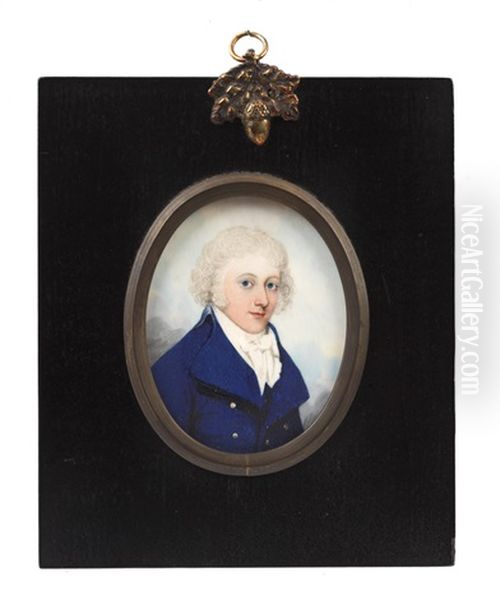 A Gentleman, Wearing Dark Blue Coat, White Waistcoat, Chemise, Stock And Cravat Oil Painting by Frederick Buck