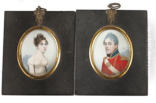 Portrait An Officer, Wearing Red Coatee With Green Standing Collar, Gold Trim, Buttons And Epaulettes, White Frilled... (+ Portrait Of A Lady...; Pair) Oil Painting by Frederick Buck