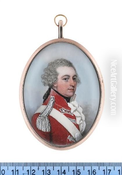 An Officer, Wearing Red Coatee With Standing Collar, White And Black Lace And Epaulettes, White Frilled Chemise And Black Stock, His Powdered Hair Tied With A Black Ribbon Bow Oil Painting by Frederick Buck