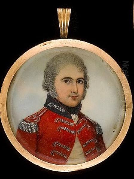 An Officer, Wearing Scarlet Coatee With Black Collar, Silver Embroidery And Epaulettes, His Hair Powdered Oil Painting by Frederick Buck